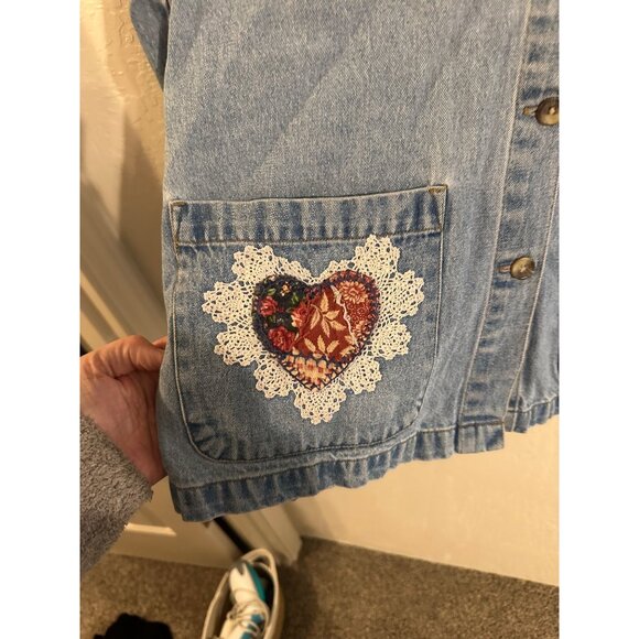 Blue Denim Jean Patchwork 90’s Floral Lace Jacket - Picture 5 of 10